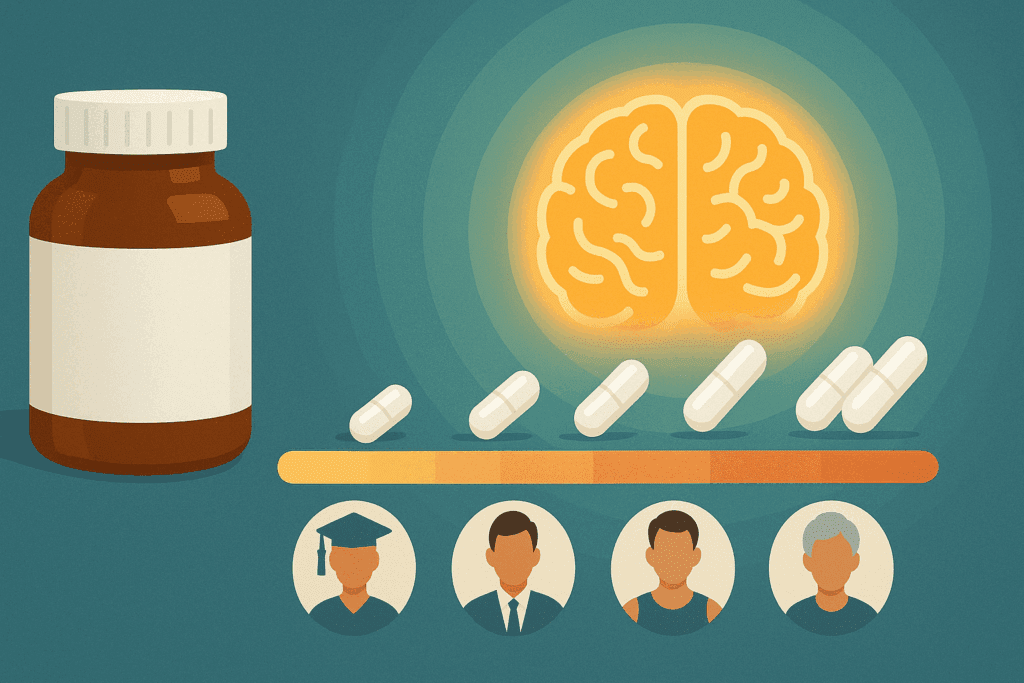 Visual scale of Alpha GPC dosage from low to high with icons for student, professional, athlete, and older adult, highlighting Alpha GPC benefits.