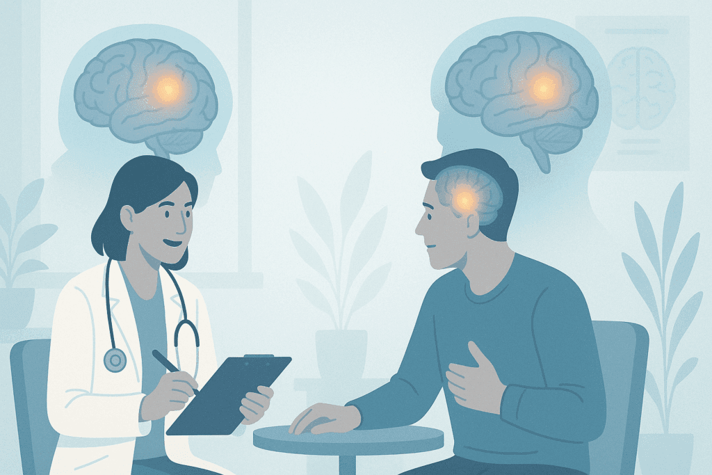 Healthcare professional consulting with a patient as glowing brain overlays highlight cognitive regions, symbolizing Alpha GPC benefits in mental health.