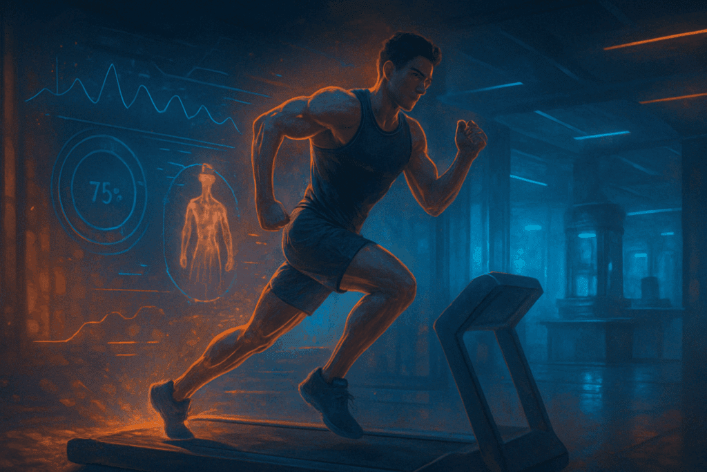 Athlete sprinting on a futuristic treadmill with holographic data visuals, symbolizing Alpha GPC benefits for energy, focus, and neuromuscular performance.