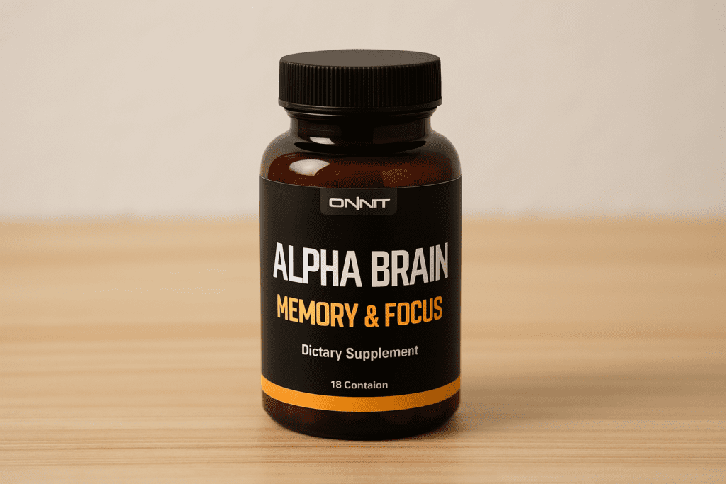 Alpha Brain supplement bottle positioned on a wooden surface, visually representing cognitive enhancement and memory support.