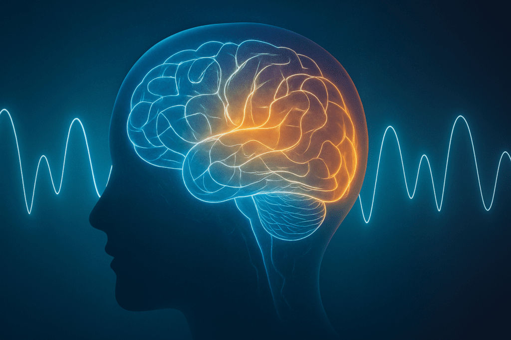 Abstract color gradients and waveforms illustrate the dynamic interplay of energy and calm that defines alpha wave brain activity.