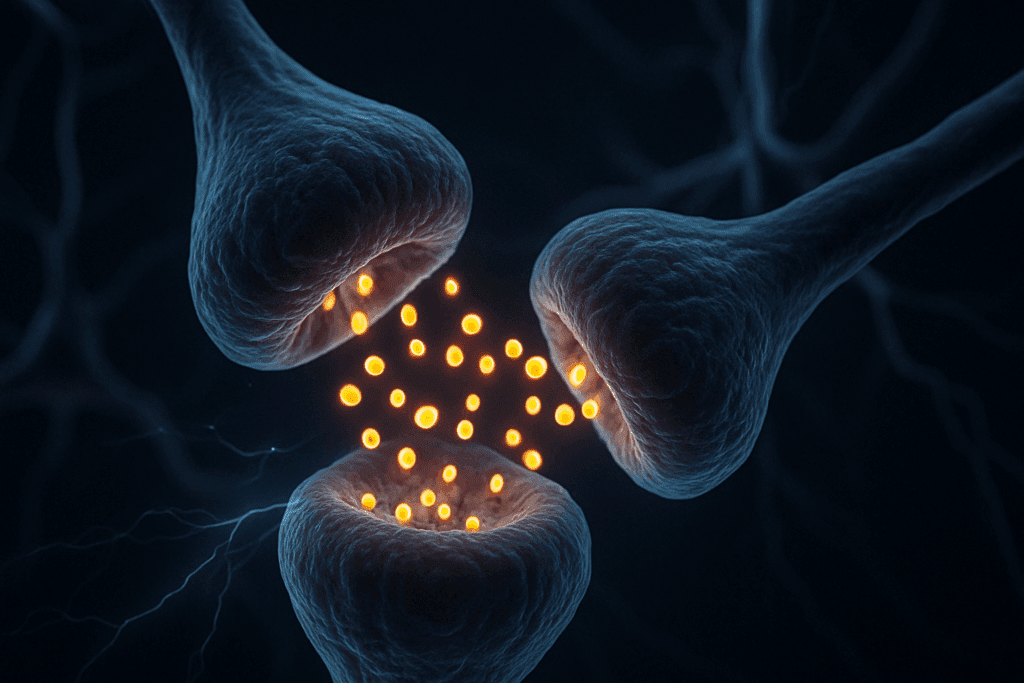 Alpha GPC-enhanced neurotransmitter activity showing choline molecules glowing between brain neurons at the synapse.