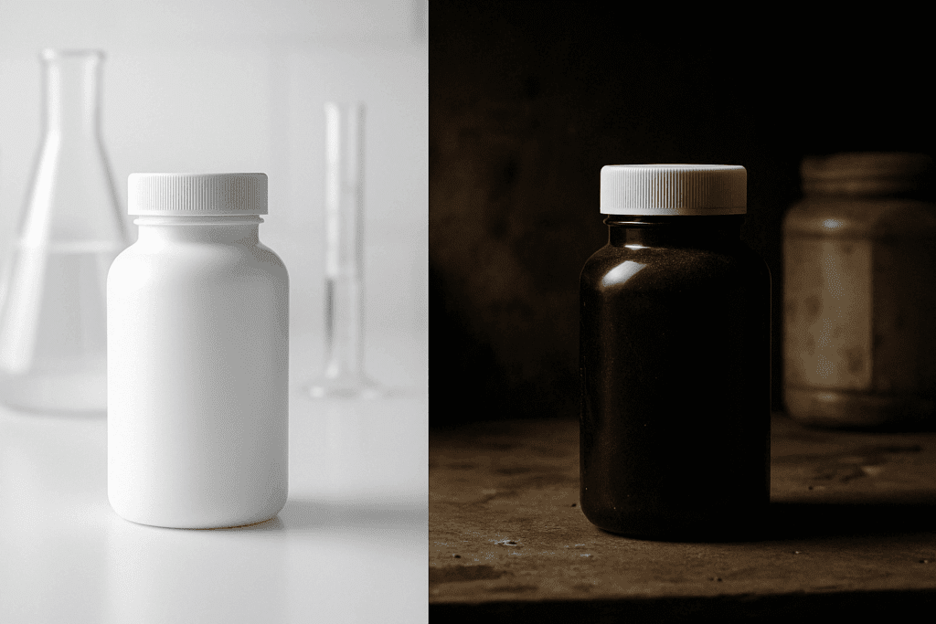 Comparison of two Alpha GPC supplement bottles, one in a clean lab setting and one in a dark, unkempt environment.