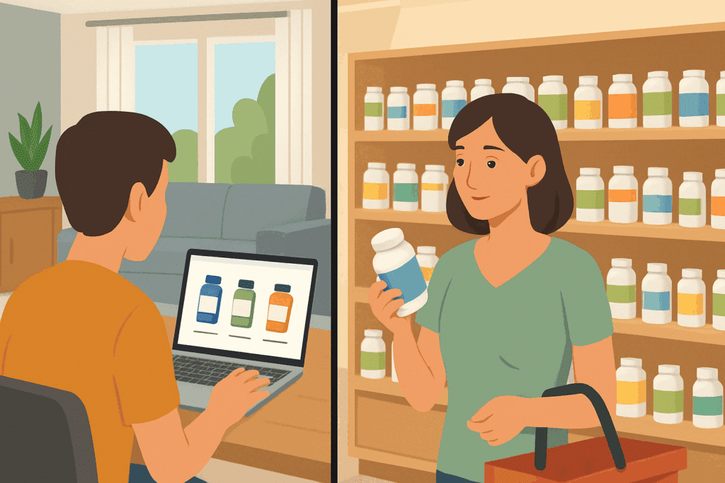 Split-screen showing a person browsing Alpha GPC supplements online and another examining bottles in a health store aisle.