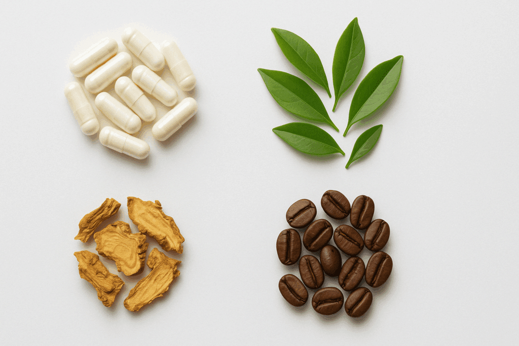Nootropic ingredients including Alpha GPC capsules, L-theanine leaves, coffee beans, and Rhodiola root arranged in a clean circular layout on a white background.