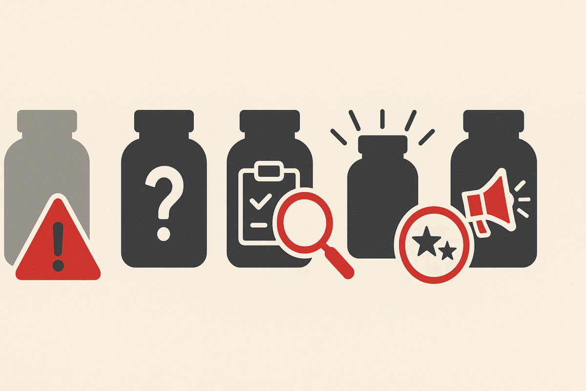 Infographic-style illustration showing supplement red flags to avoid when buying Alpha GPC, including faded packaging, unclear dosage, and exaggerated marketing.
