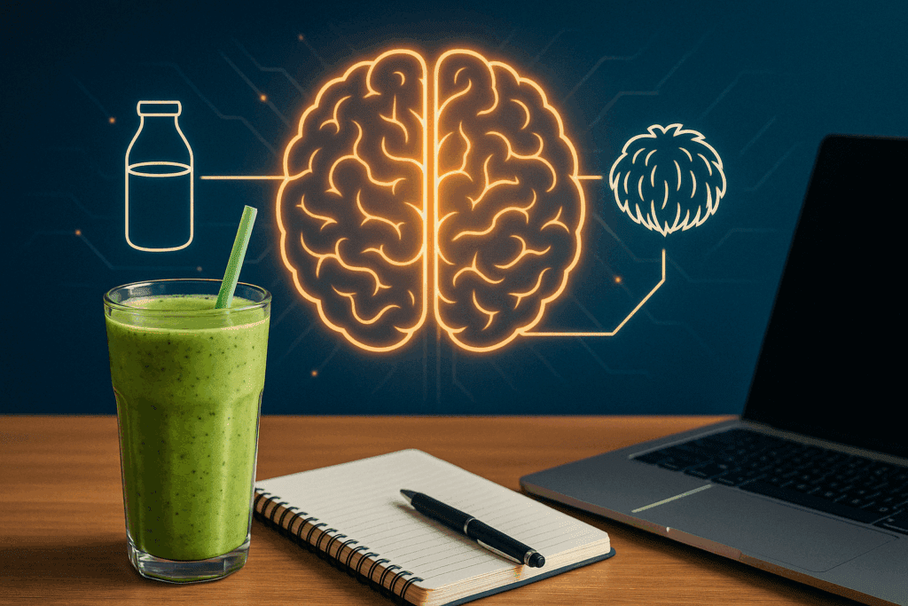 Vegan smoothie with soy milk and lion’s mane on a desk beside a laptop and notebook, representing Vegan and Vegetarian Sources of Choline.