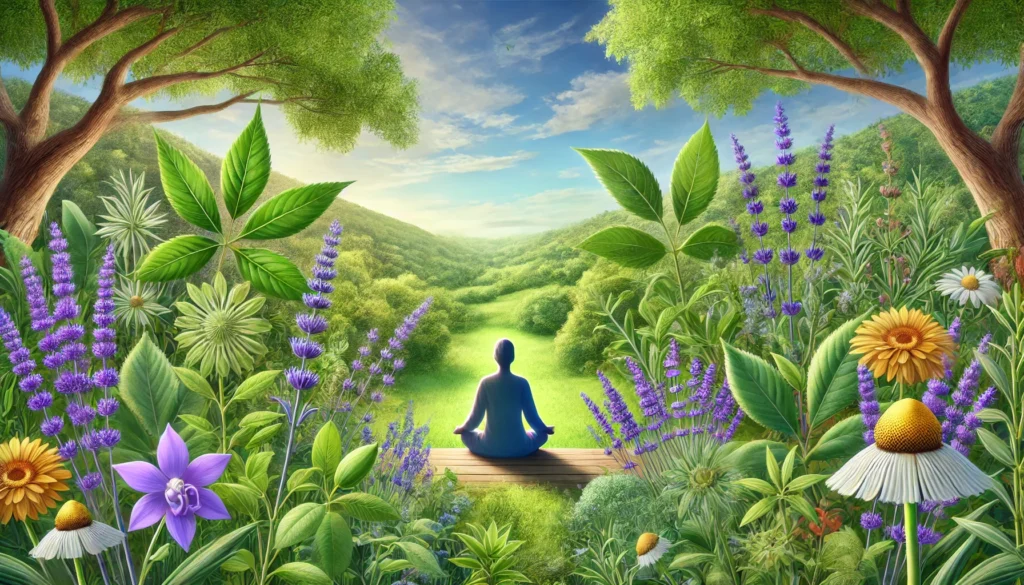 ALT text: "Peaceful scene with ashwagandha plants surrounding a person resting in a green field, highlighting ashwagandha as a top herb for stress relief and mental health support."