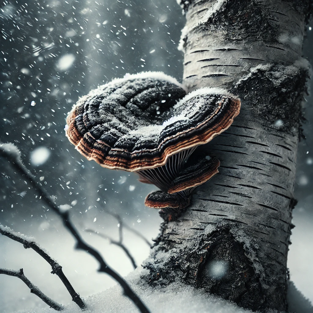 "Chaga mushroom growing on a birch tree, representing its antioxidant properties that protect brain health from oxidative stress."