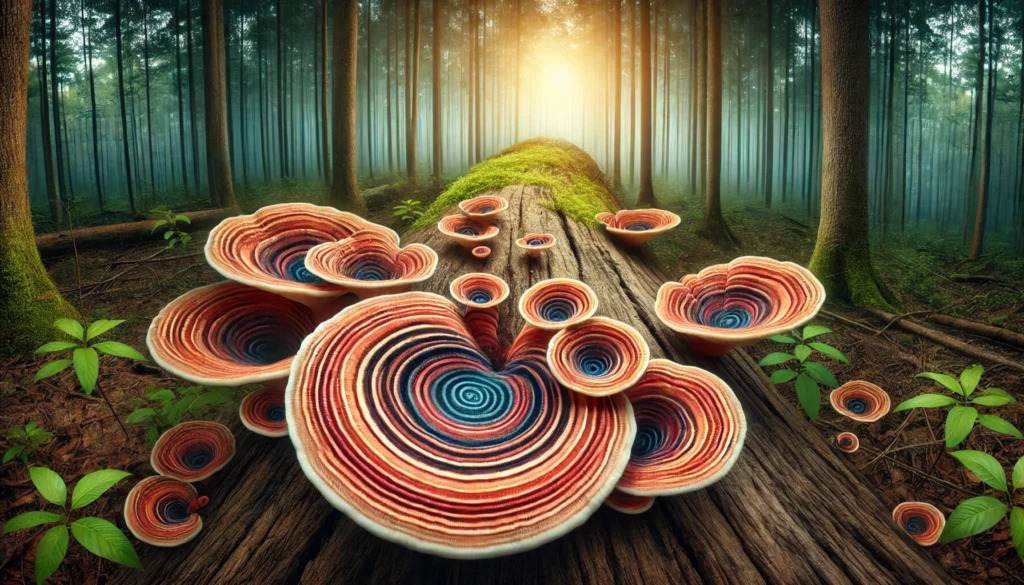 "Turkey Tail mushroom with concentric rings, promoting gut-brain health and supporting cognitive function."