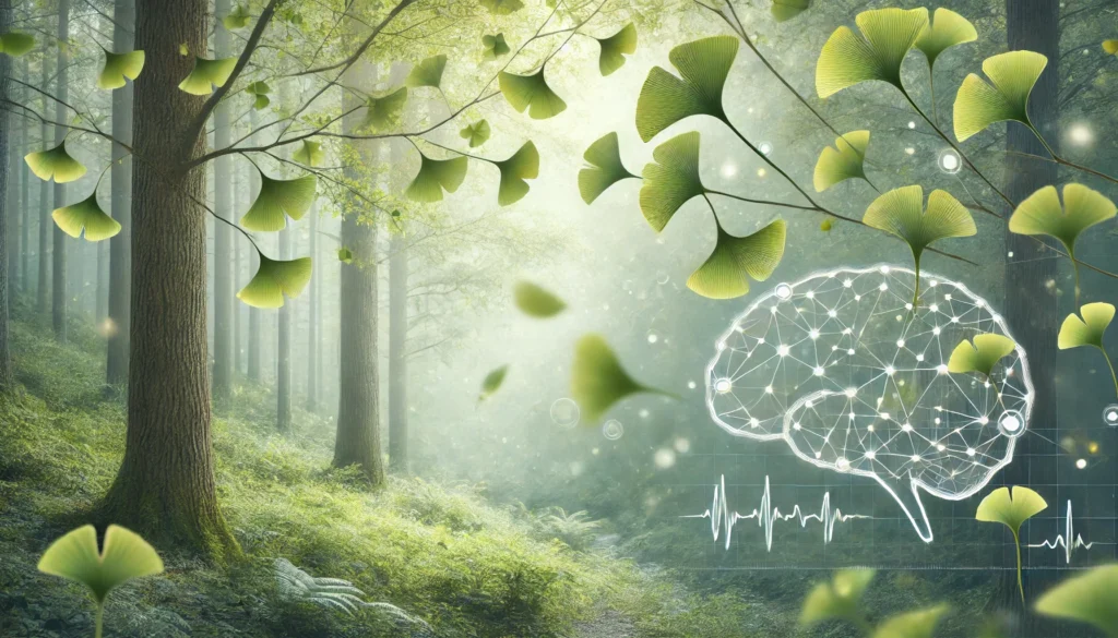 "Ginkgo Biloba tree in a tranquil forest setting, representing its cognitive enhancement benefits for ADHD and mental clarity."
