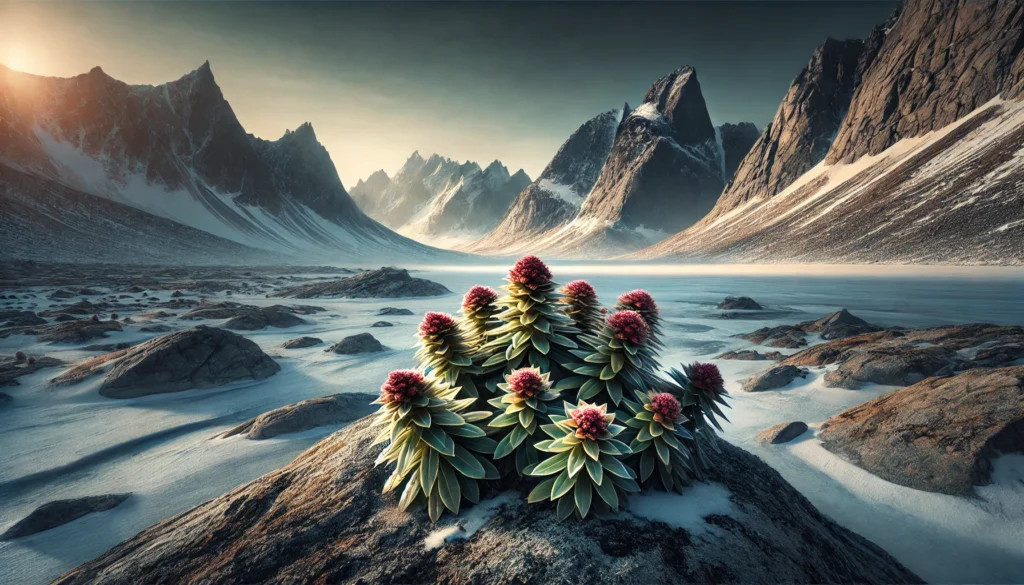 "Rhodiola Rosea plants growing in a cold Arctic landscape, illustrating its stress-resilience benefits for ADHD and mental endurance."