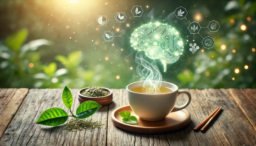 "Steaming cup of green tea surrounded by tea leaves, representing L-Theanine's ability to promote calm focus and mental clarity for ADHD."
