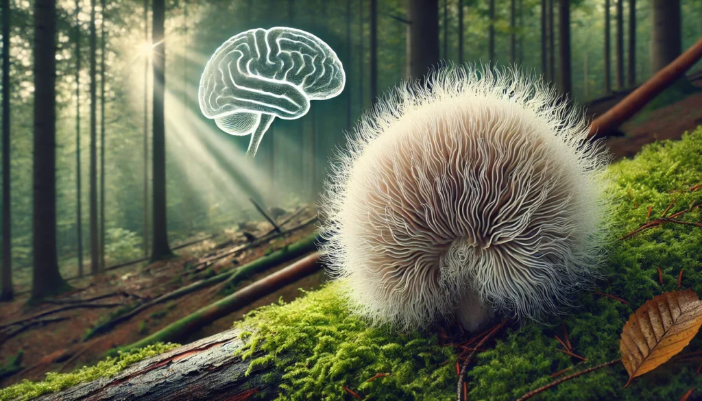: "Lion’s Mane Mushroom growing in a peaceful forest, symbolizing its neurogenesis and cognitive renewal benefits for ADHD and brain health."