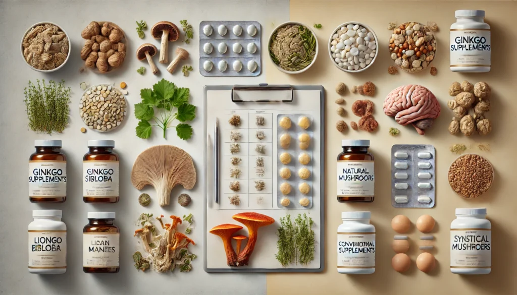 "Comparison of natural brain supplements like herbs and mushrooms versus synthetic pills, highlighting the best herbs for ADHD and cognitive support."
