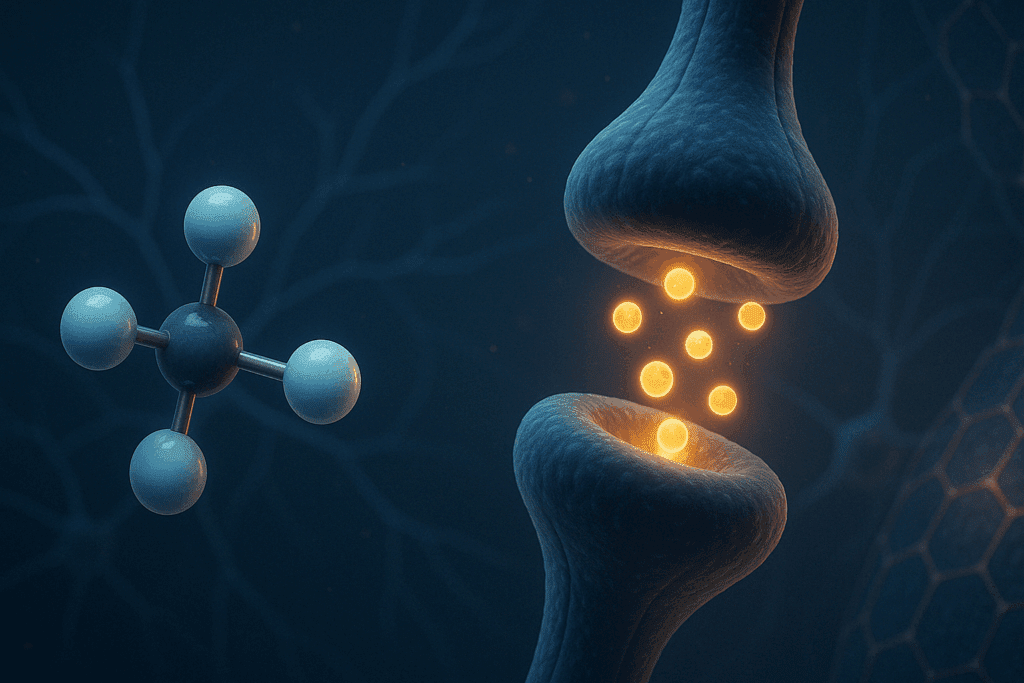 Choline molecule near neural synapse with neurotransmitters firing, illustrating how choline supports cognitive function in the brain.