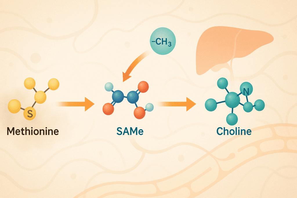 Biochemical pathway showing how methionine converts to choline via SAMe, illustrating how choline supports cognitive function.