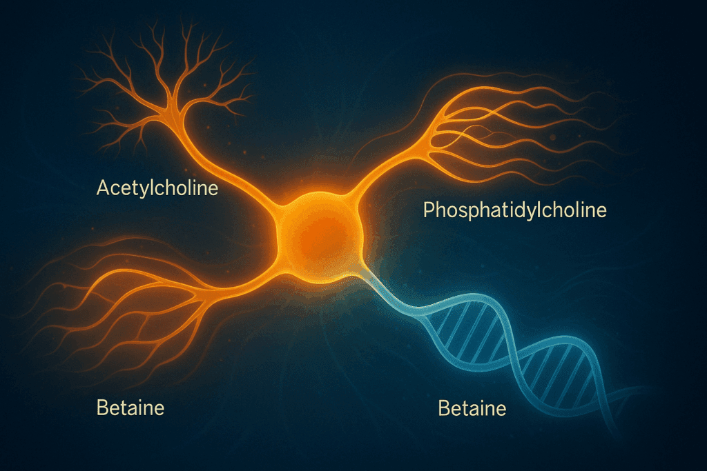 Conceptual diagram showing how choline supports cognitive function through pathways to acetylcholine, phosphatidylcholine, and betaine.