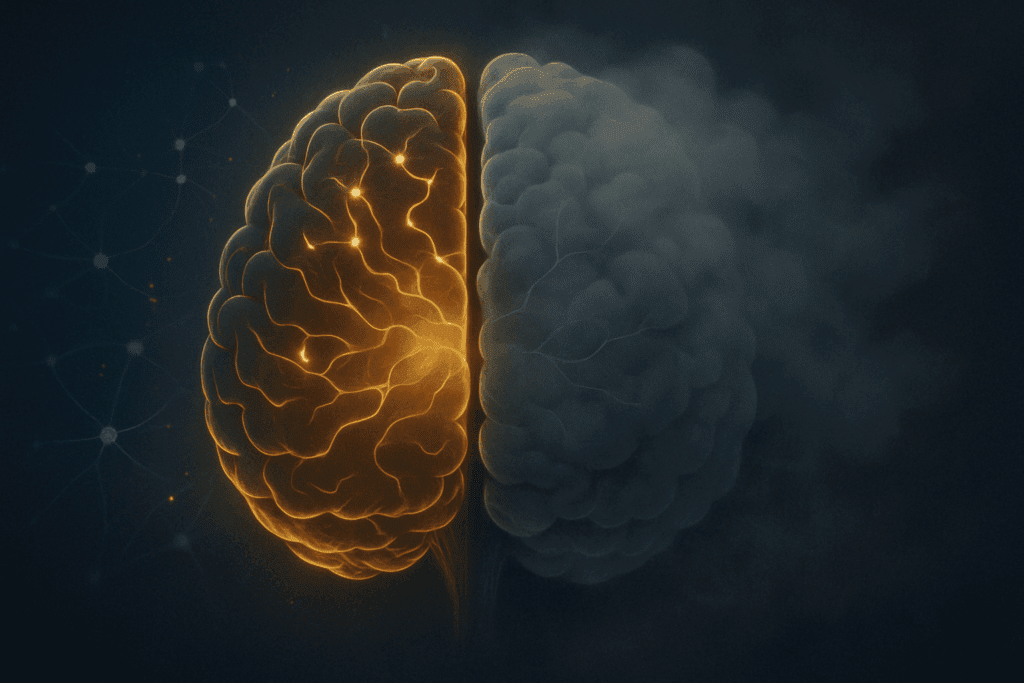 Split-brain illustration showing active neural activity on one side and foggy, dim synapses on the other, symbolizing how choline supports cognitive function.