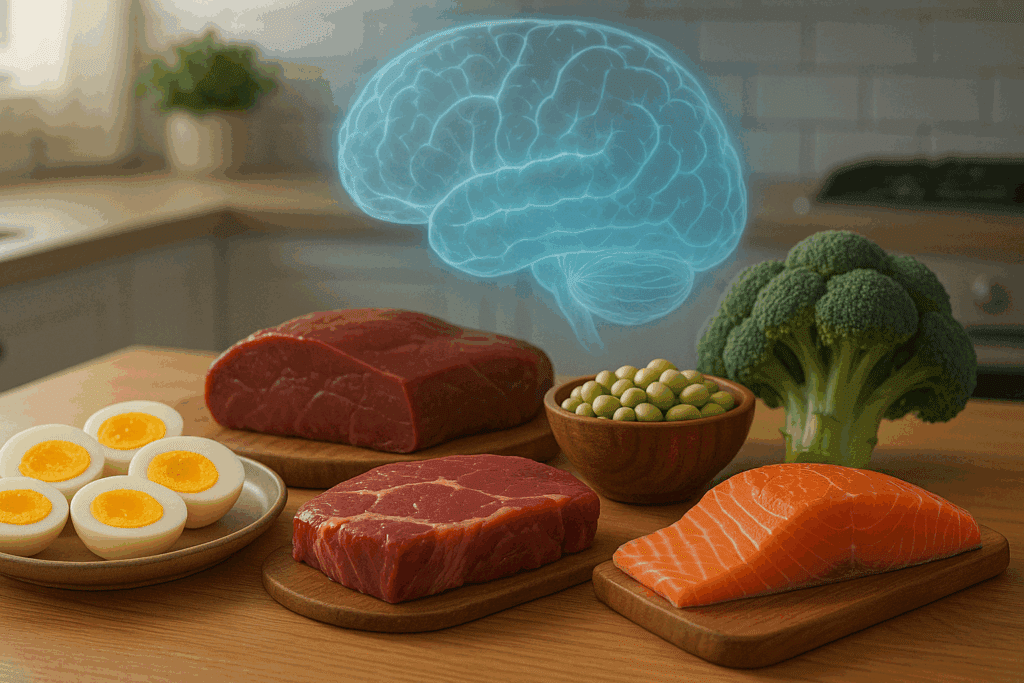 Selection of choline-rich foods like eggs, liver, salmon, and broccoli on a kitchen counter with glowing brain outline, showing how Choline Supports Cognitive Function.