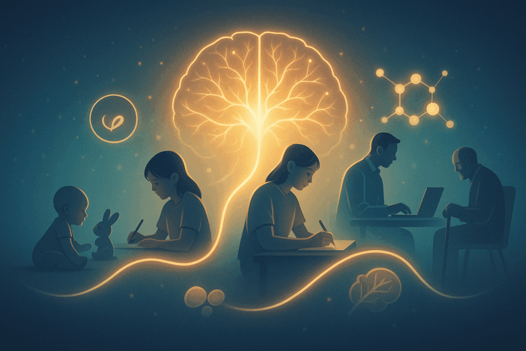 Visual timeline of life stages from infant to elderly, connected to a glowing brain, symbolizing how choline supports cognitive function across lifespan.