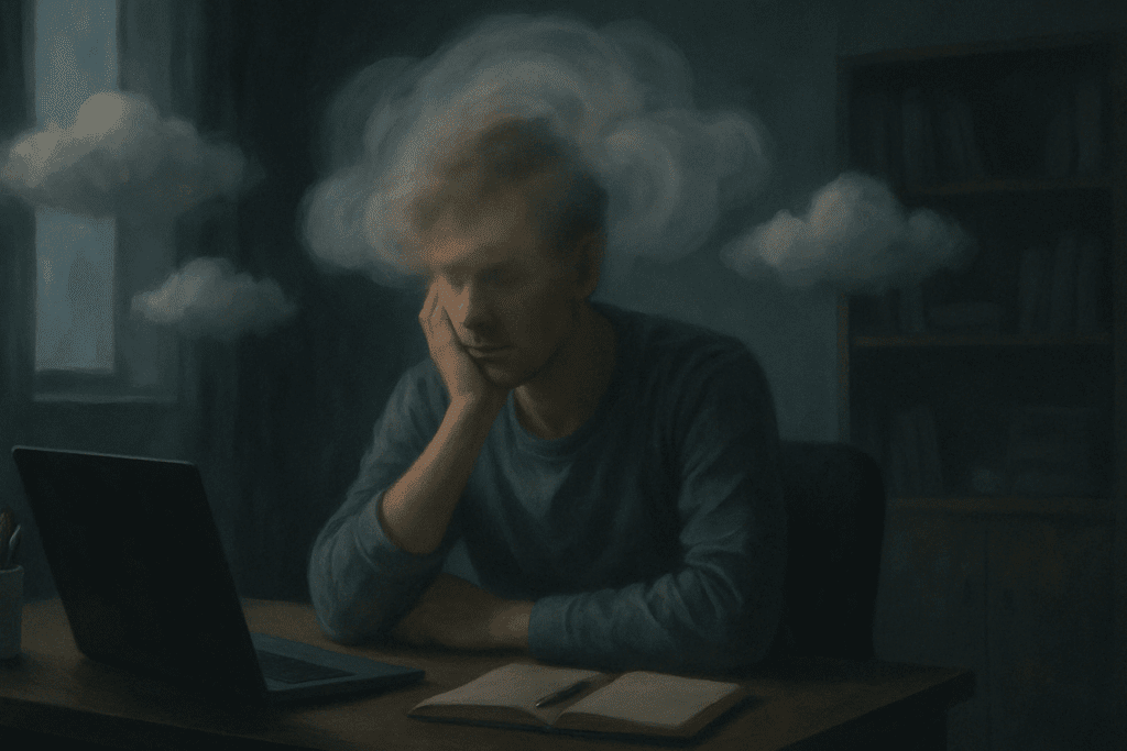 Distracted person surrounded by brain fog at a desk, conceptually illustrating cognitive effects of low Choline in Eggs.