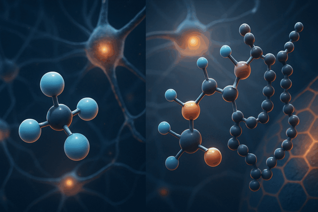 3D molecular comparison of phosphatidylcholine vs choline with neural cells in the background highlighting brain health roles.