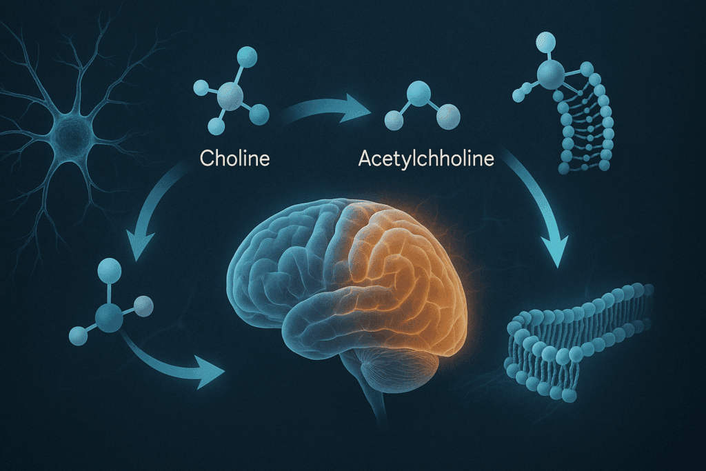 Diagram comparing phosphatidylcholine vs choline showing dual brain pathways for neurotransmitter support and membrane health.