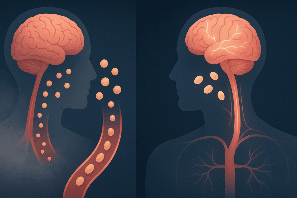 Side-by-side diagram showing phosphatidylcholine vs choline pathways to the brain, highlighting differences in bioavailability.