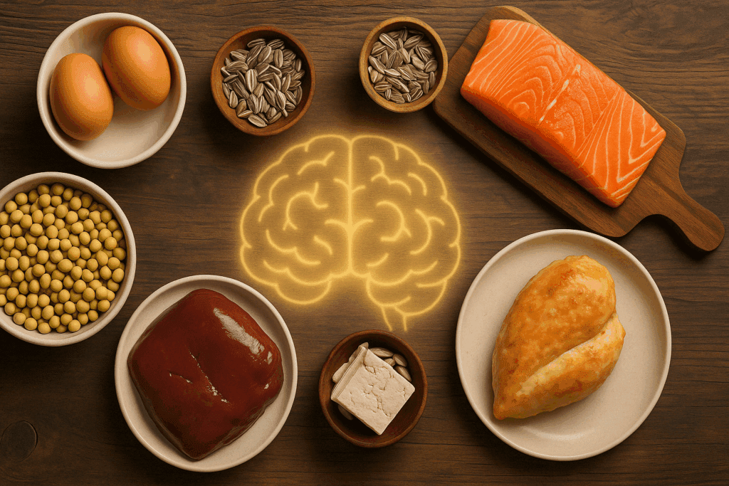 Top-down view of eggs, salmon, soybeans, sunflower seeds, liver, and chicken arranged around a glowing brain, illustrating phosphatidylcholine vs choline sources.
