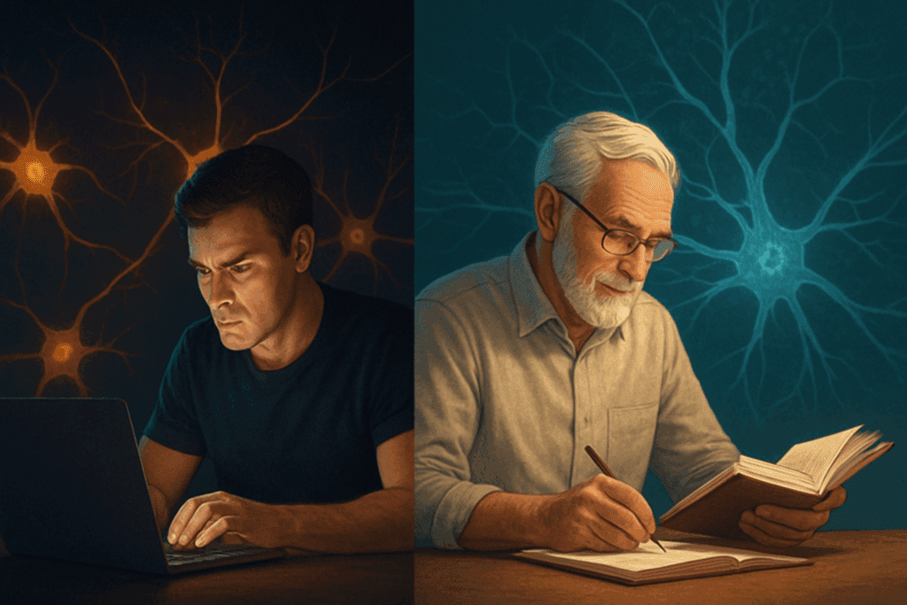 Split-screen of a young man focused on a laptop and an older man journaling, illustrating phosphatidylcholine vs choline effects on brain activity.