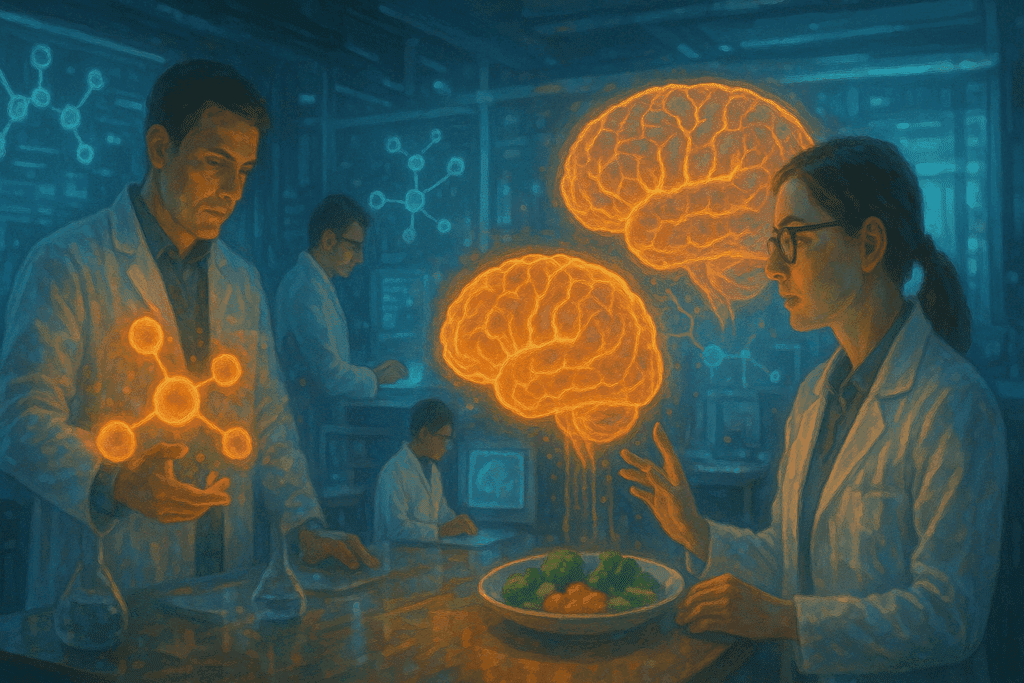 Scientists in a futuristic lab analyzing glowing brain models and molecules to explore phosphatidylcholine vs choline in cognitive research.