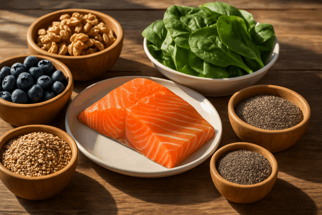 Healthy brain-boosting foods like salmon, walnuts, blueberries, and spinach arranged to support focus and mental clarity, relevant to ADD vs ADHD medication.