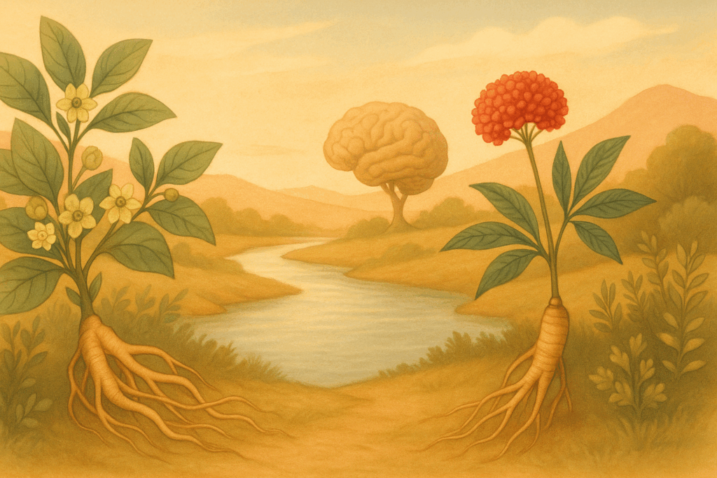 Ashwagandha and Panax ginseng plants growing by a tranquil river, symbolizing natural balance and brain resilience in context of ADD vs ADHD medication.