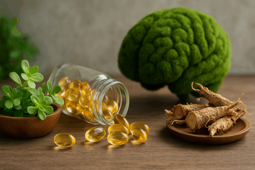 Natural cognitive enhancers like Bacopa monnieri, omega-3 capsules, and Rhodiola rosea roots arranged in soft light, symbolizing holistic options for ADD vs ADHD medication.