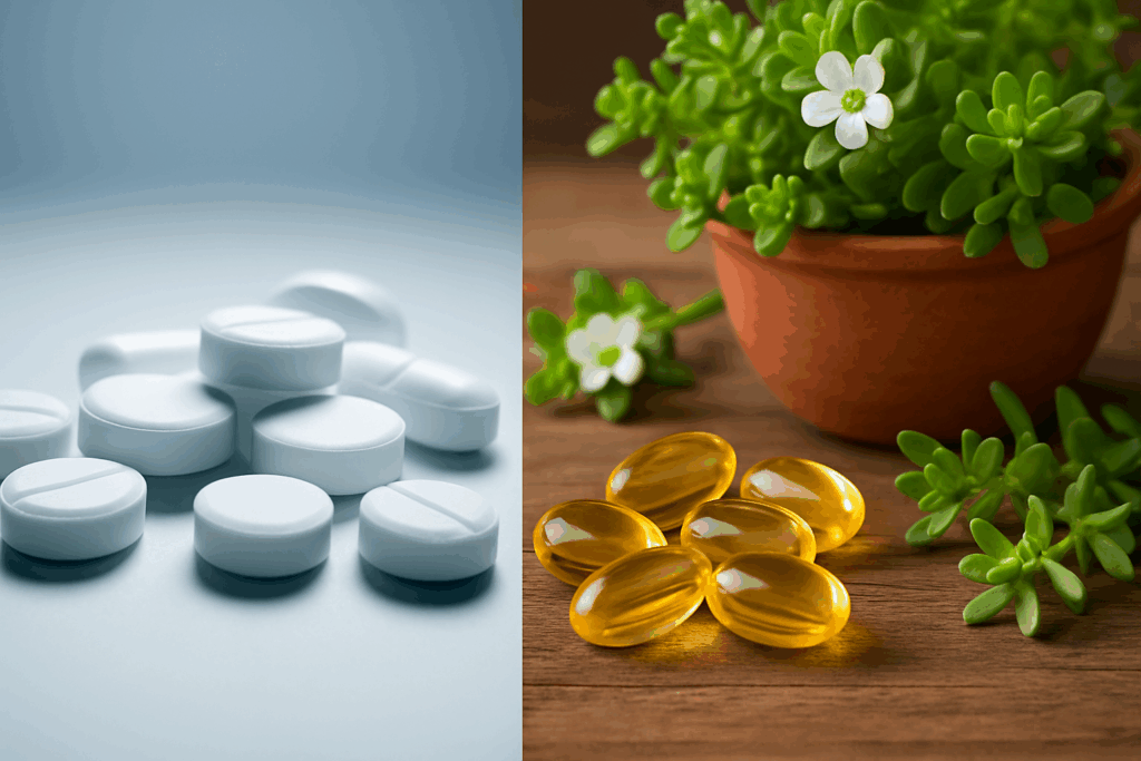 Split image contrasting ADD vs ADHD medication with clinical white pills on one side and natural supplements like Bacopa and fish oil on the other.