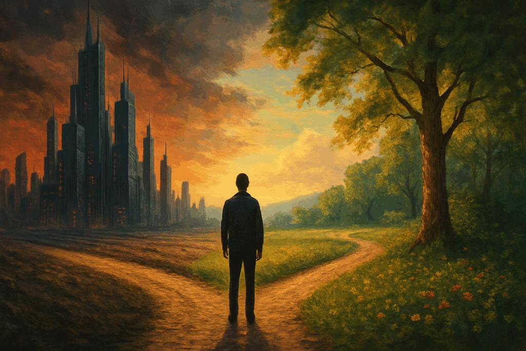 Person standing at a crossroads choosing between a futuristic city and a peaceful forest, symbolizing alpha brain vs adderall cognitive paths