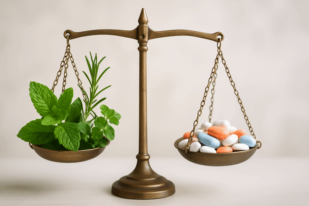 Balanced scale comparing alpha brain vs adderall, with fresh herbs on one side and colorful pills on the other, symbolizing natural vs pharmaceutical.