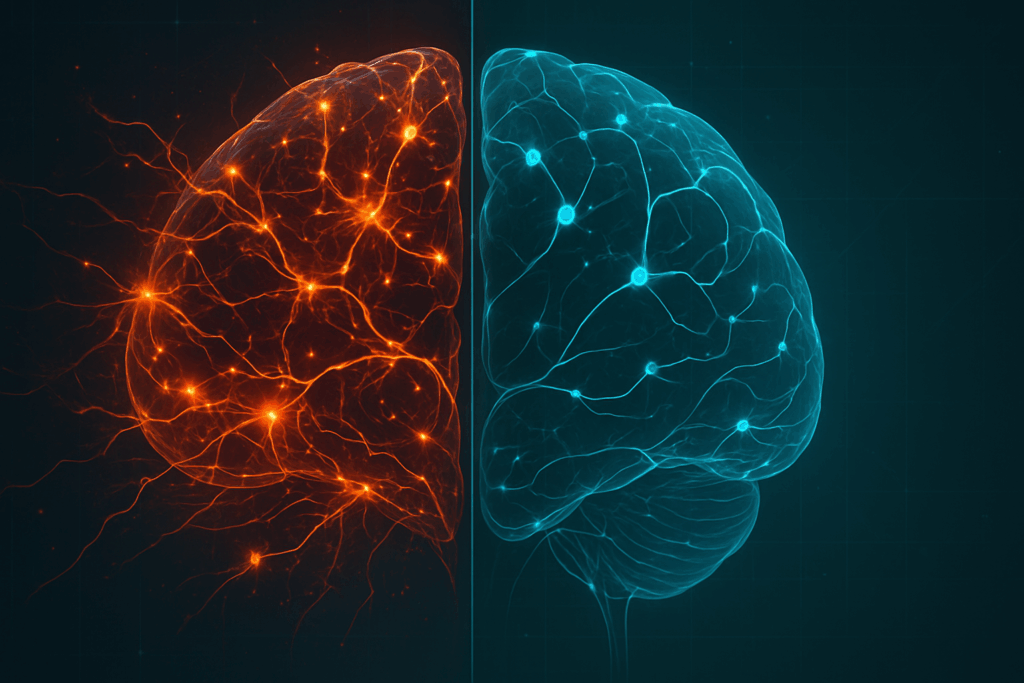 Split-screen visualization of brain activity showing chaotic neural sparks on one side and calm, organized connections on the other, symbolizing alpha brain vs adderall effects.