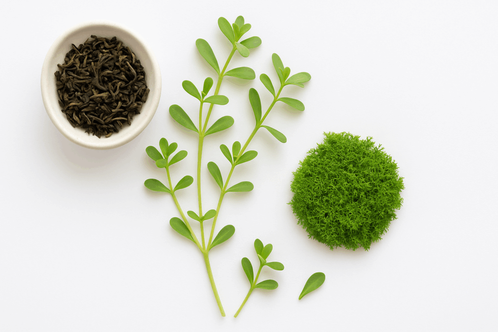 Bacopa monnieri, green tea leaves, and moss arranged on white background symbolizing natural nootropics in alpha brain vs adderall comparison
