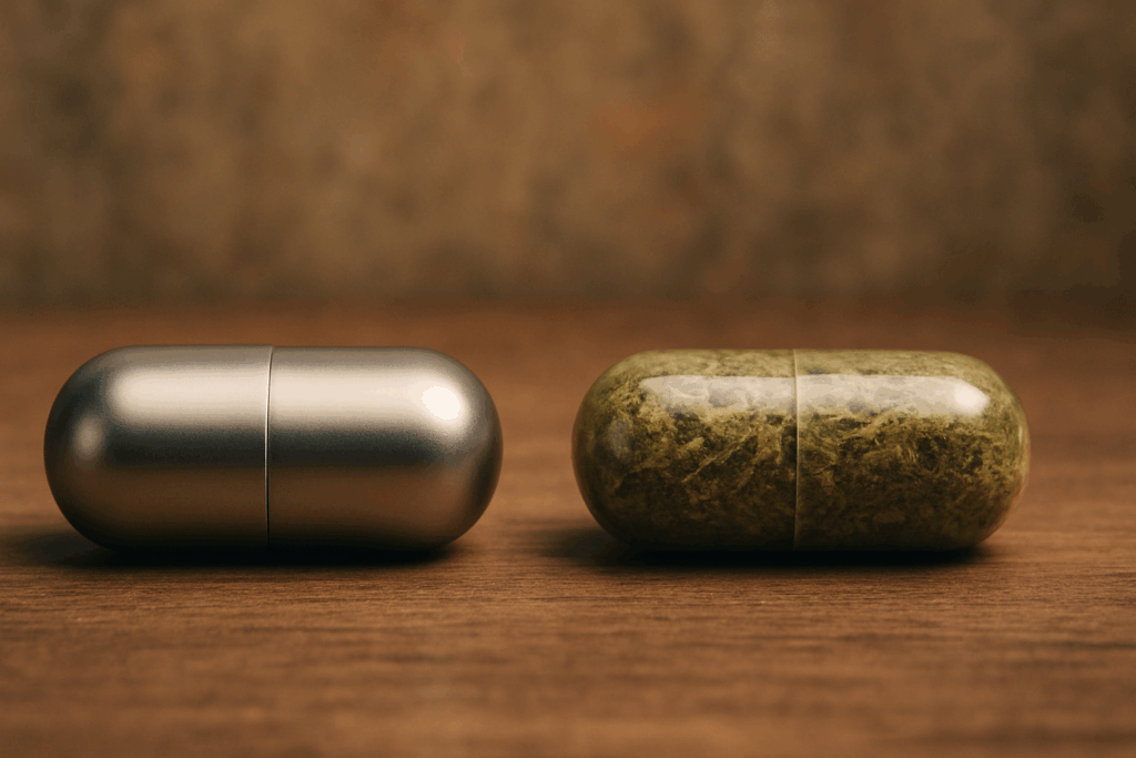 Sleek metallic pill next to a natural, plant-based capsule on wood surface, comparing alpha brain vs adderall