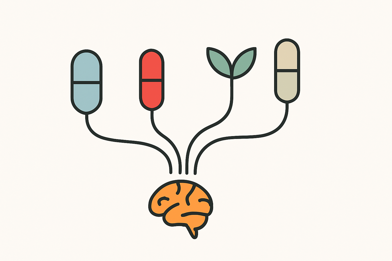 Minimalist diagram showing four branching paths from a central brain icon to color-coded capsules and a plant, symbolizing products similar to Alpha Brain.