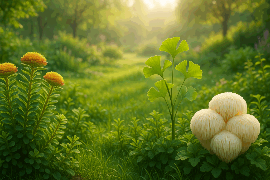 Lush botanical garden at sunrise featuring Rhodiola Rosea, Ginkgo Biloba, and Lion’s Mane mushrooms—natural ingredients in products similar to Alpha Brain