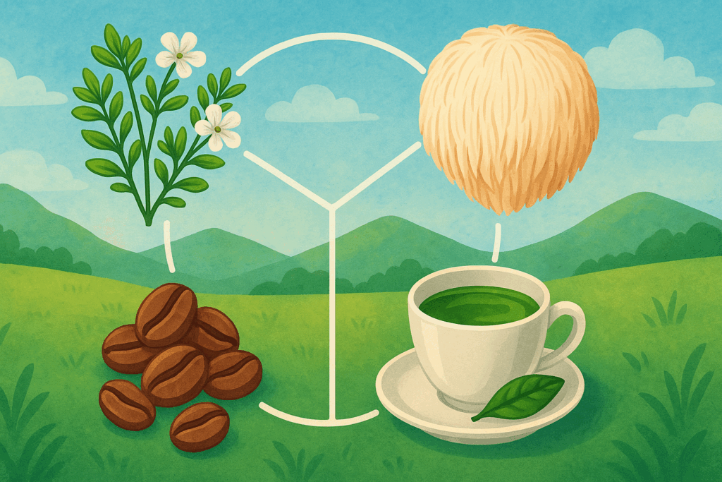 Natural ingredients like Bacopa Monnieri, Lion’s Mane, green tea, and coffee beans shown in a web layout symbolizing their use in products similar to Alpha Brain.