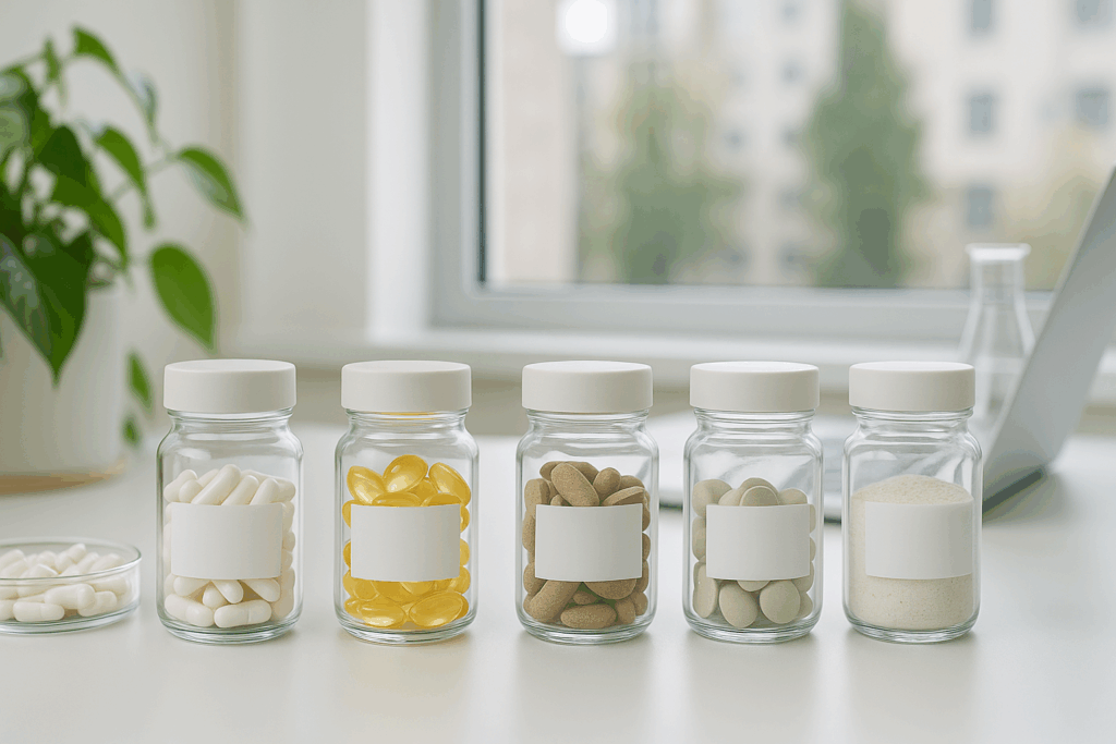 Customizable nootropic jars with capsules and powders arranged in a bright workspace, representing products similar to alpha brain