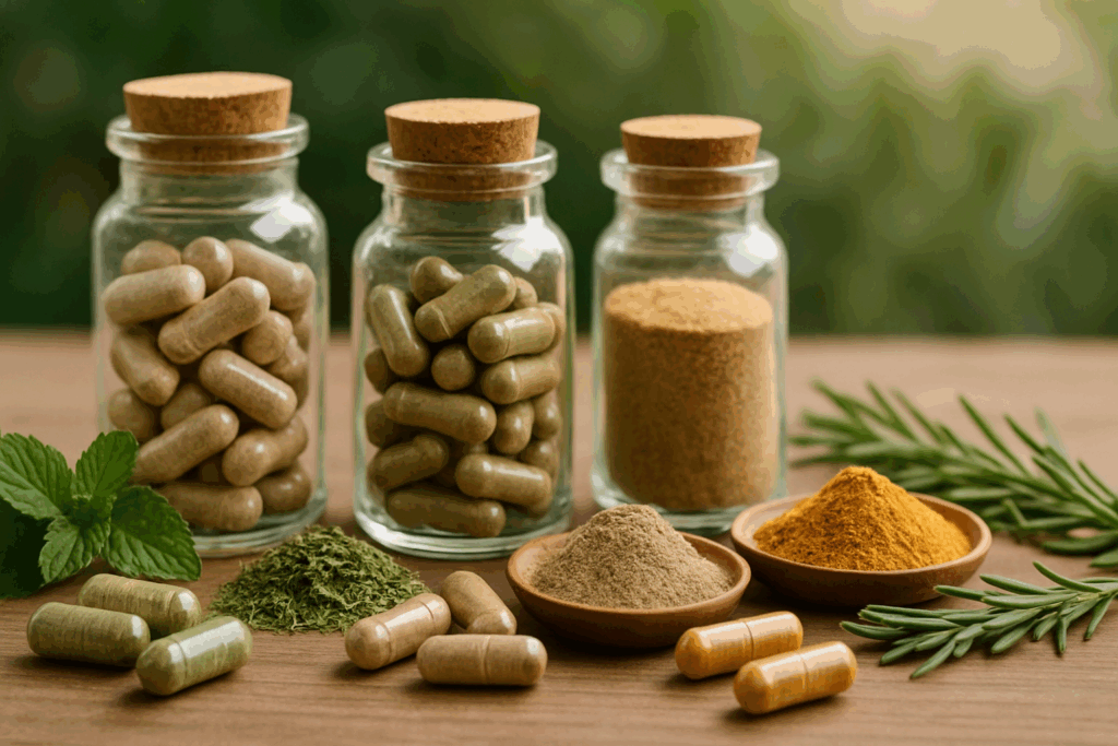 Glass jars filled with herbal capsules and powders alongside fresh herbs, visually representing natural nootropic products similar to Alpha Brain.