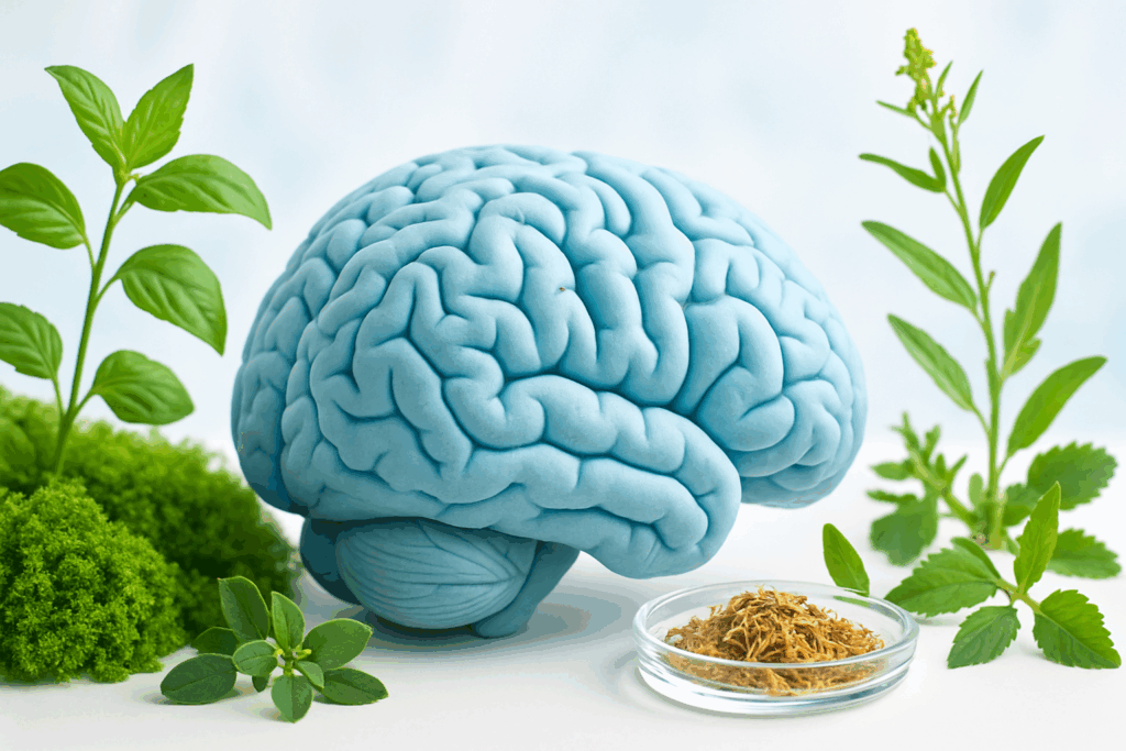 Blue human brain surrounded by green herbs and moss, symbolizing natural cognitive enhancers in products similar to Alpha Brain