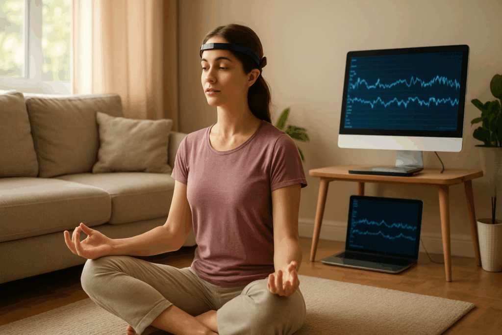 Woman meditating with EEG neurofeedback equipment in a calming home setup, illustrating holistic support in stimulant vs non stimulant adhd meds approach