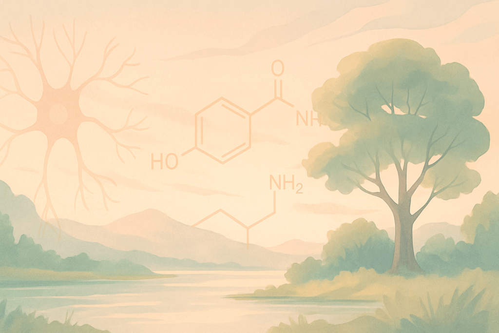 Serene landscape with soft pastel tones and faint neuron patterns, symbolizing the gentle effects of stimulant vs non stimulant ADHD meds
