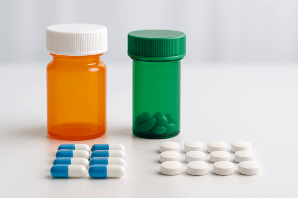 Color-coded pill bottles and neatly arranged tablets and capsules representing stimulant vs non stimulant ADHD meds on a clinical white background.